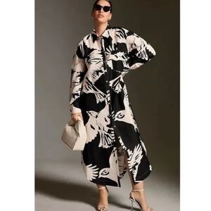 Anthropologie Maeve The Soren‎ Black White Bird Print Midi Shirt Dress XXS XS S